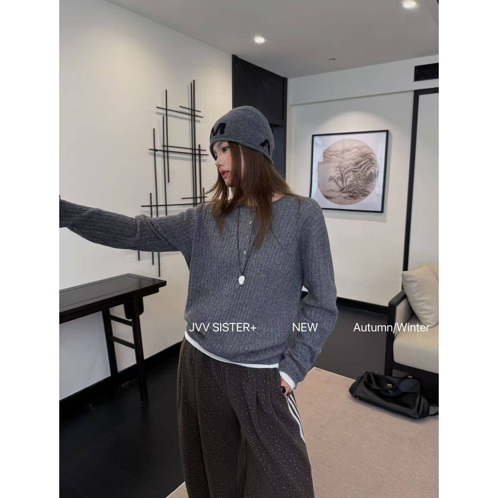 爱唯依（F）-假两件 半圆领撞色设计百搭羊毛毛衣（JJ71536#）JVV