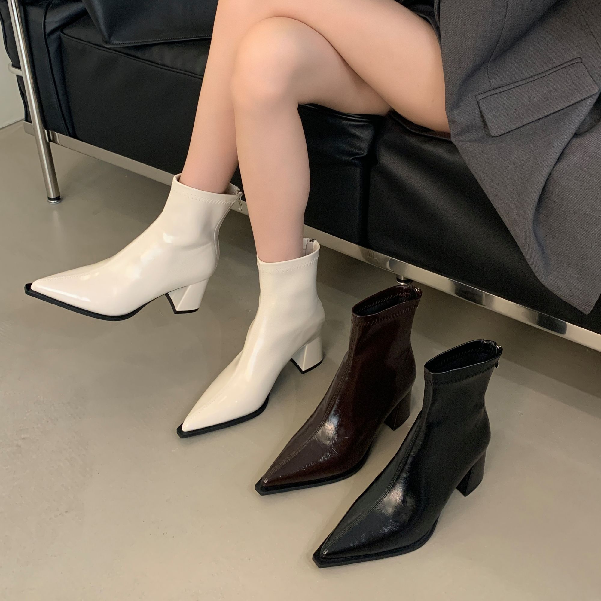 粗跟秋冬时装欧美风漆皮尖头短靴靴子网红百搭高跟气质白色瘦瘦靴