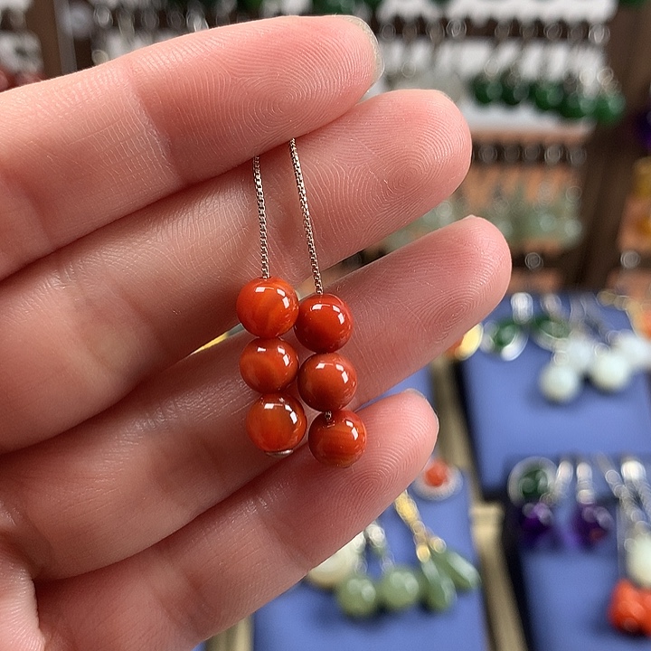 玛瑙/玉髓耳环银S925镶嵌6左右耳线