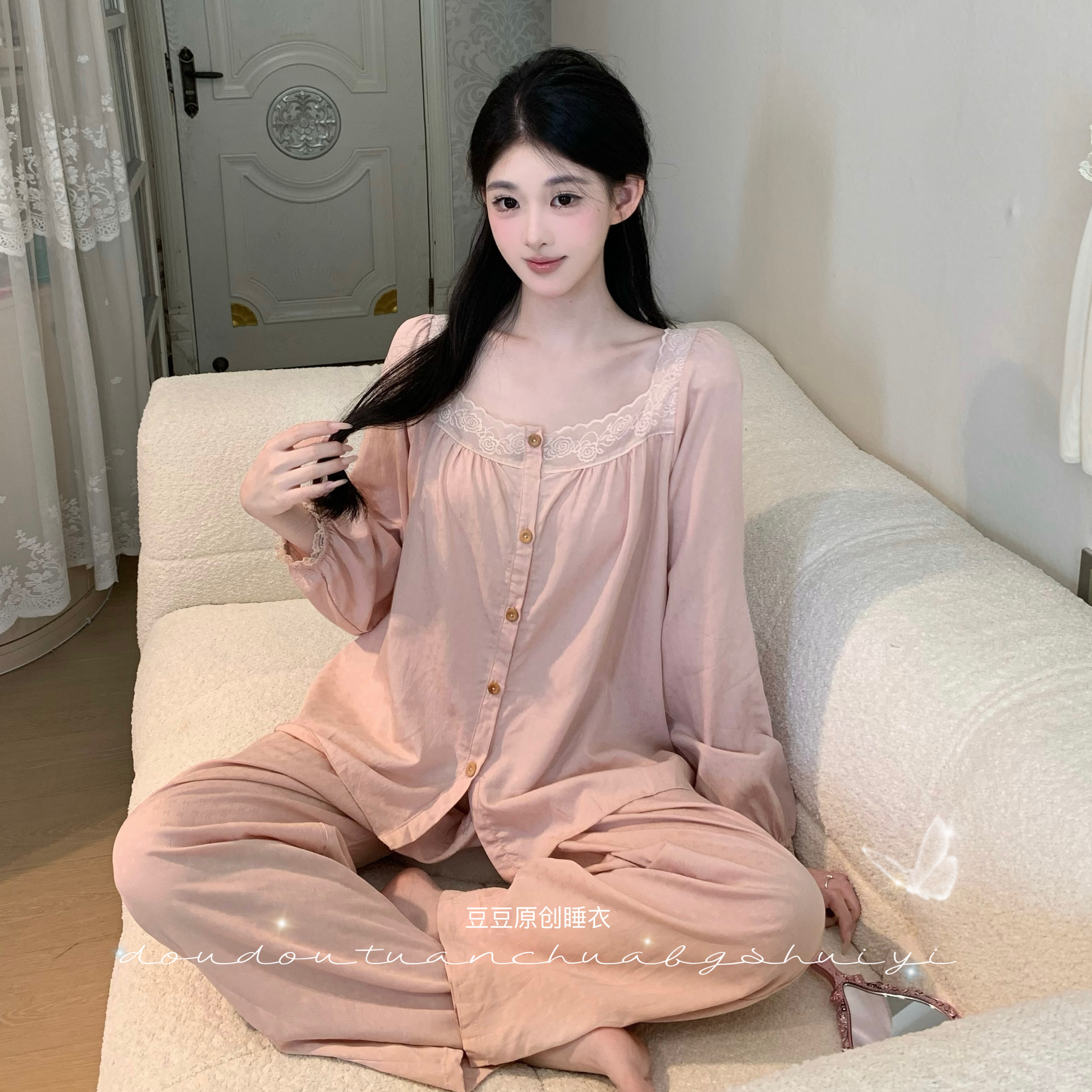 1菠萝【蔷薇之恋】长袖长裤纯欲粉色显瘦春秋季女套装法式睡衣