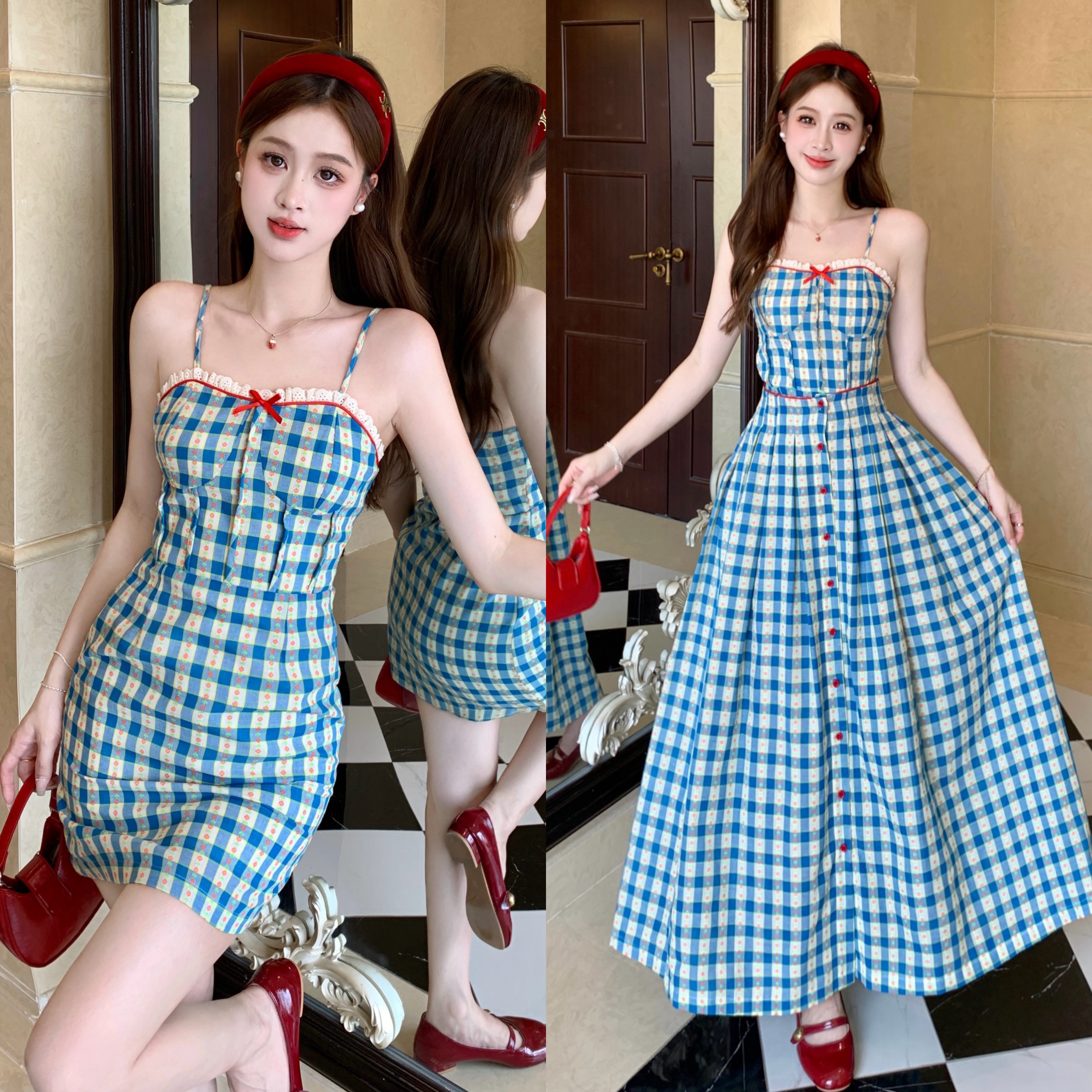 大码春夏收腰显瘦温柔风甜美设计感格子吊带连衣裙+半身围裙套装