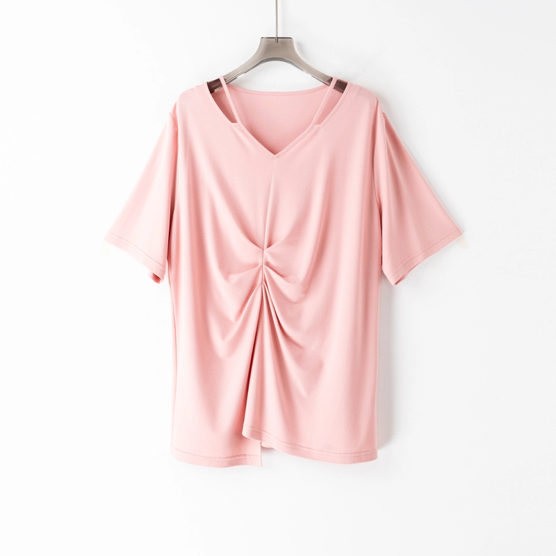 PS250441夏新款小众设计休闲时尚百搭短袖T恤蕾丝不规则v领