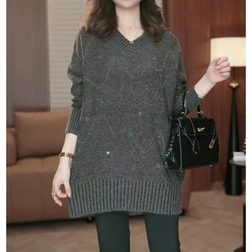 欧货重磅大码女装灰色V领长款毛衣简约大方高级感上衣1732