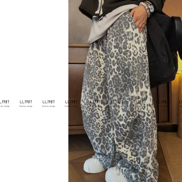 HY罗罗【浅色豹纹】春秋韩版百搭设计时尚显高显瘦休闲裤复古设计师