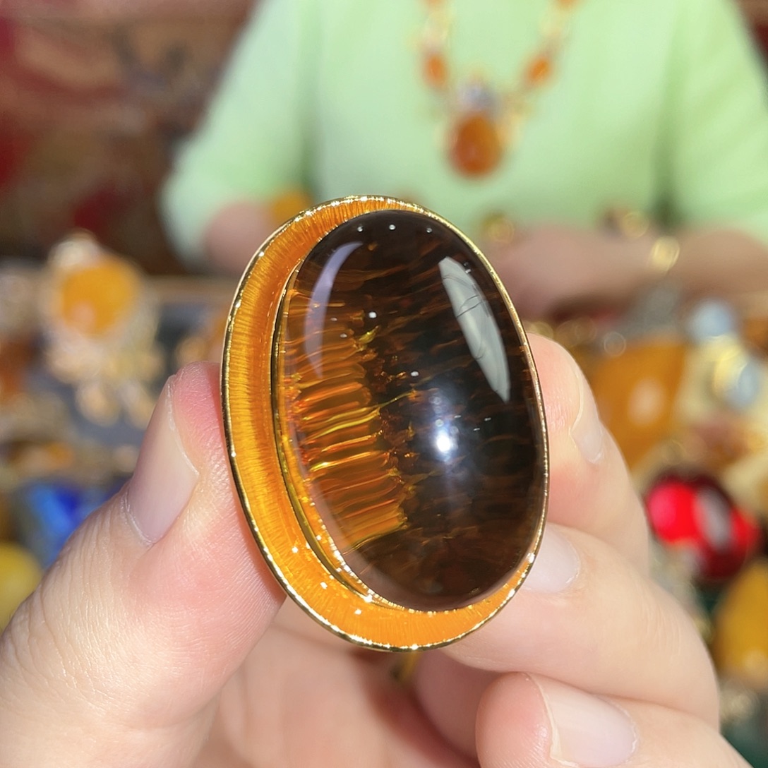 琥珀戒指银S925镀金镶嵌