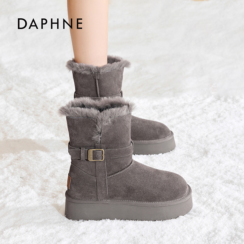达芙妮复古时尚中筒女士棉靴2025冬新款加绒百搭保暖厚底雪地靴X