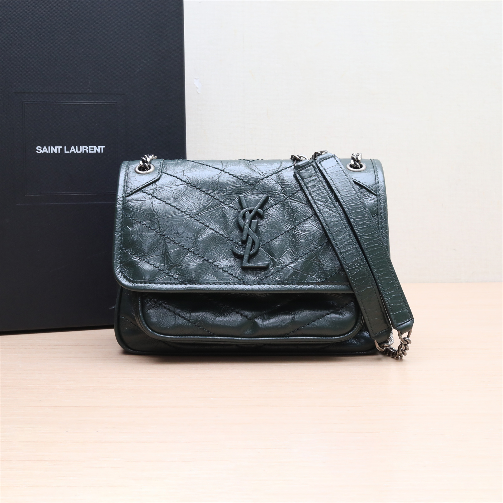 99新 YSL/圣罗兰 活动双双 Niki Mini 21 墨绿色 皮革C 单肩包