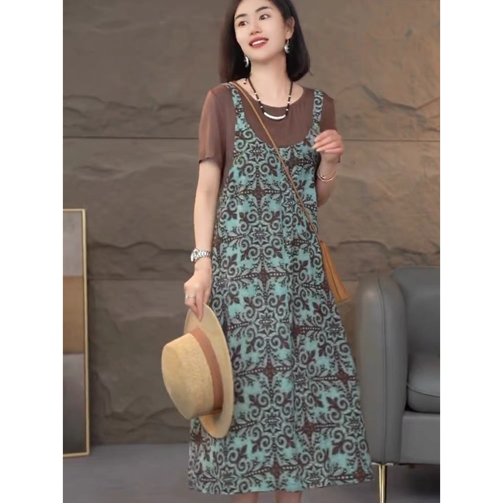 宽松型拼接背带假两件短袖印花连衣裙圆领中长款裙子3-043