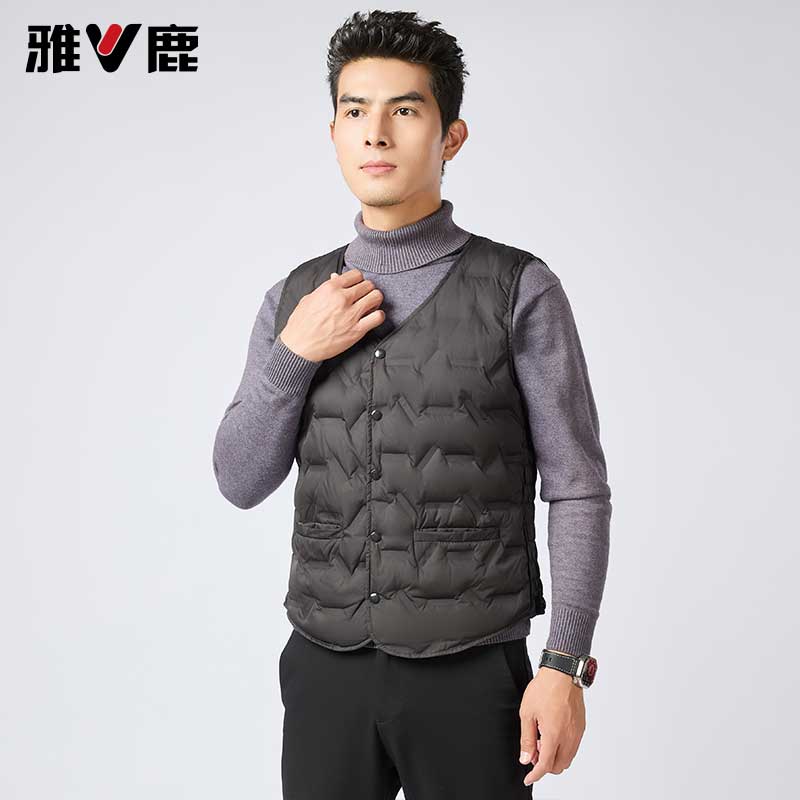 雅鹿男装2025秋冬男V领轻薄石墨烯羽绒马甲保暖羽绒服