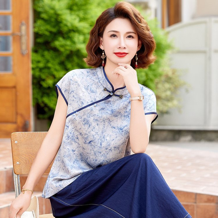 2025中老年妈妈夏季中国风短袖T恤上衣宽松遮肚新中式小衫
