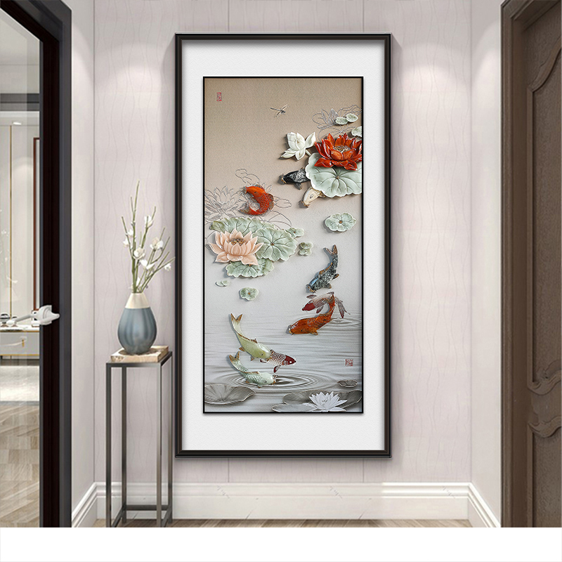 九头鸟手工玉雕画《九鱼荷花》80x160