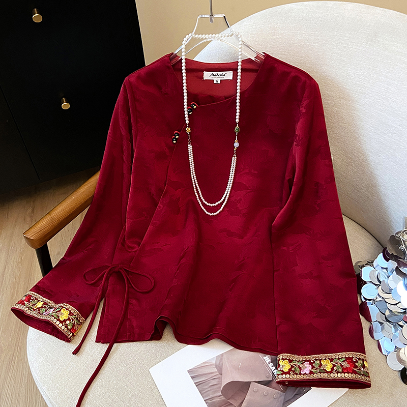 红色新中式上衣女国风提花小衫高档精致衬衣高级感妈妈长袖衬衫