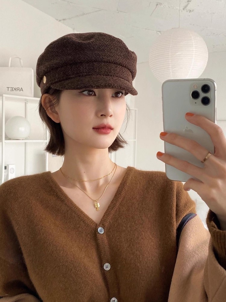 定制款~羊毛报童帽运动风秋冬平顶宽檐女休闲风帽子时尚暖贝雷帽