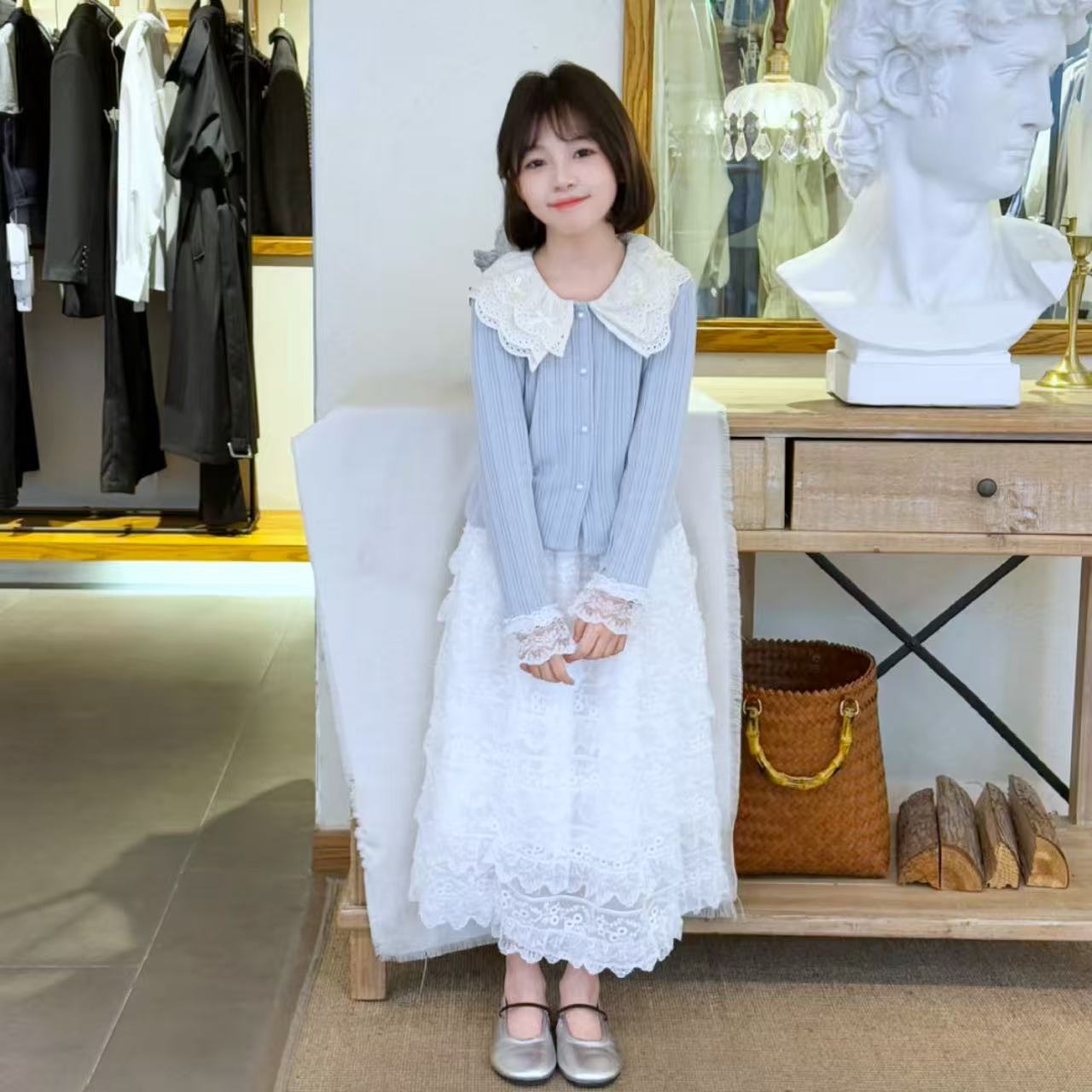 女童春装套装裙2025新款洋气儿童开衫外套花边长裙两件套淑女春季