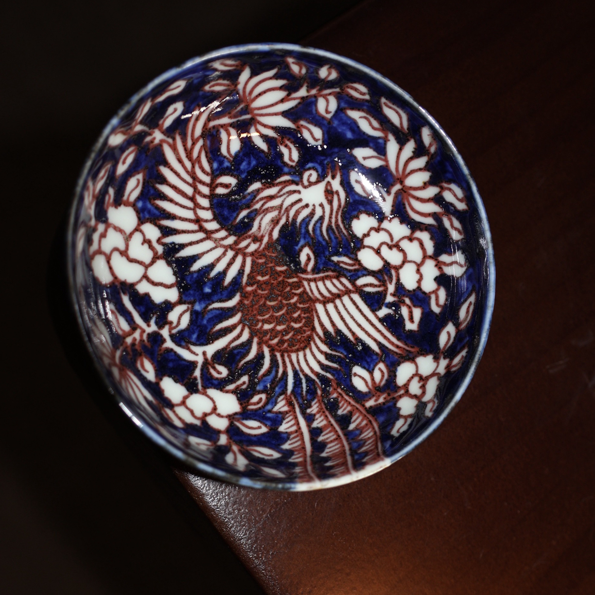 景德镇柴窑青花釉里红凤穿牡丹内外满绘普洱杯非遗高颜值茶器