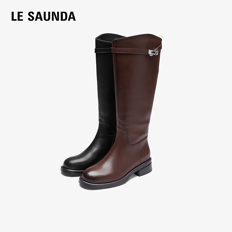 【主播专属】莱尔斯丹粗跟拉链黑色显瘦真皮骑士长靴6T41603V