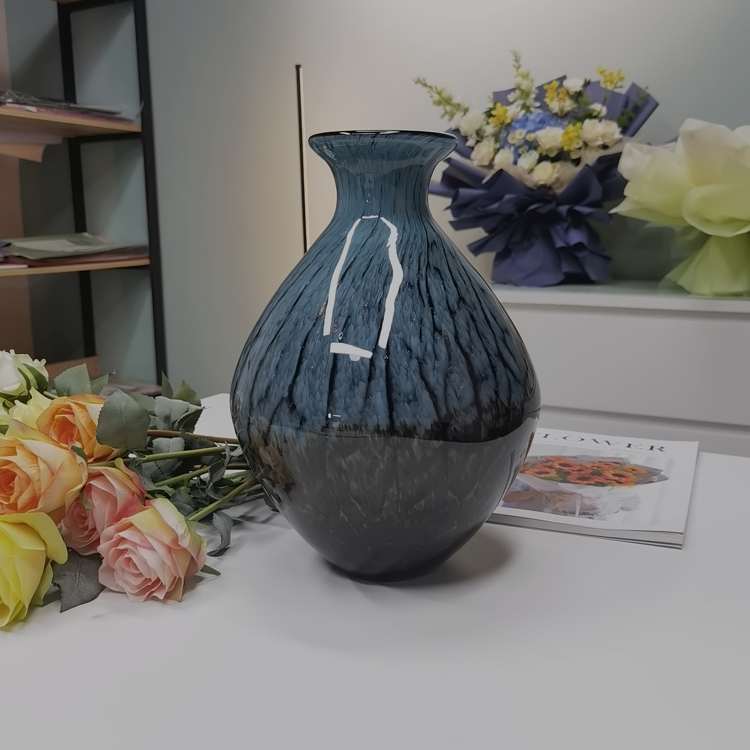 Z2-B908时尚炸纹巧克力客厅玻璃花瓶简约花卉装饰花器