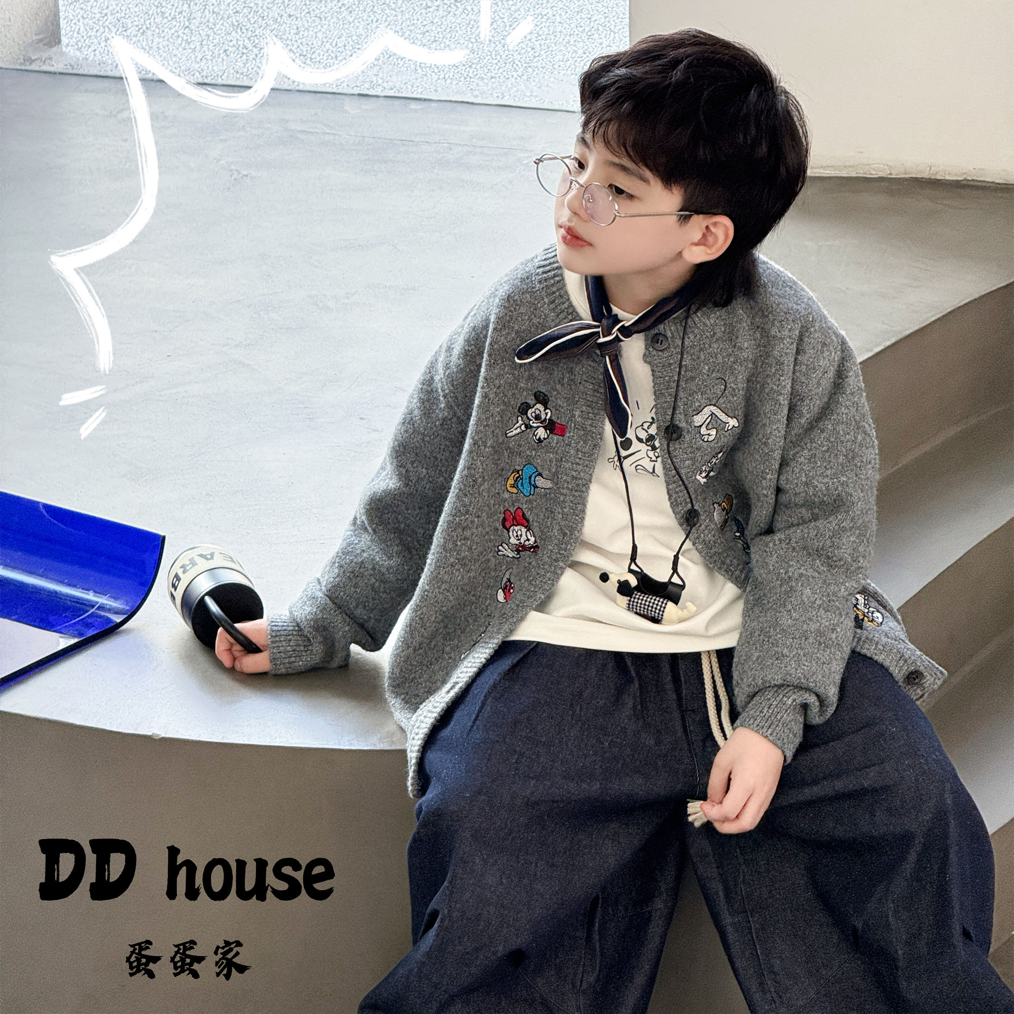 蛋蛋家【动物城】2025秋季新款儿童时尚灰色卡通毛衣开衫