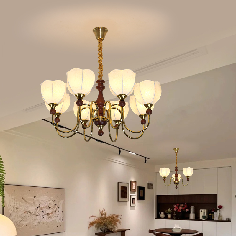 客厅吊灯中古风复古胡桃木色布艺宋代美学实木2025新款护眼大厅灯