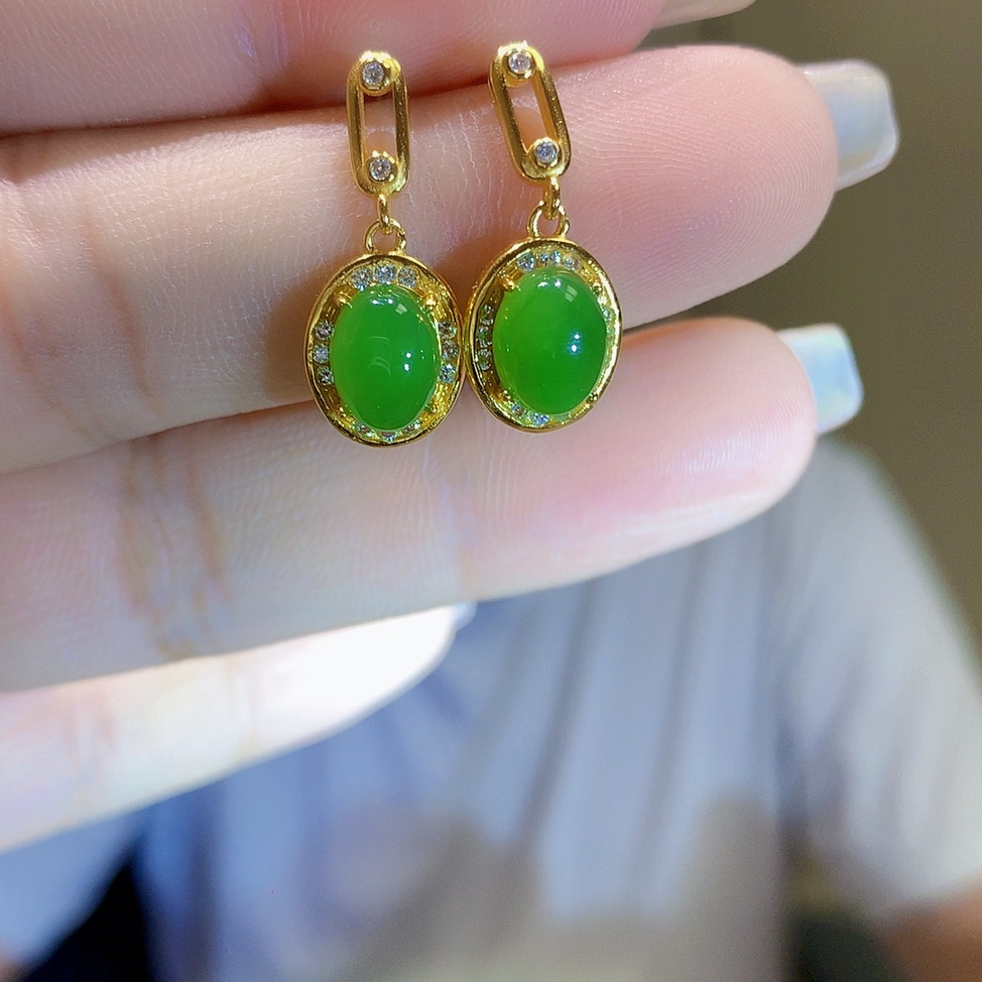 和田玉（碧玉）银S925镀金镶嵌耳饰