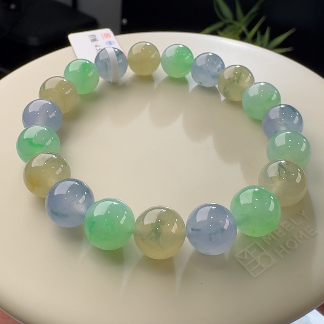 翡翠手链未镶嵌三彩飘花单圈卡10