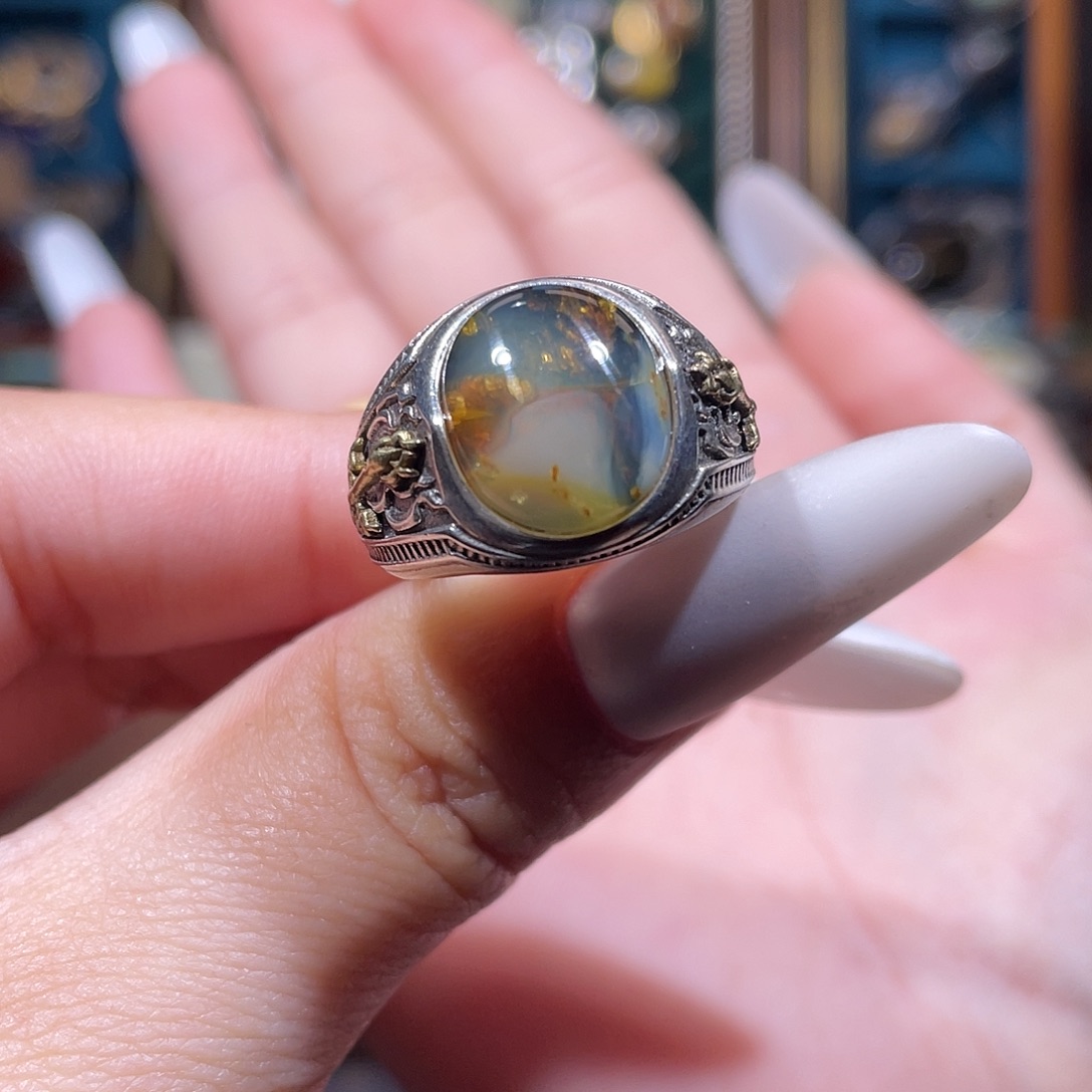 琥珀银S925镶嵌戒指