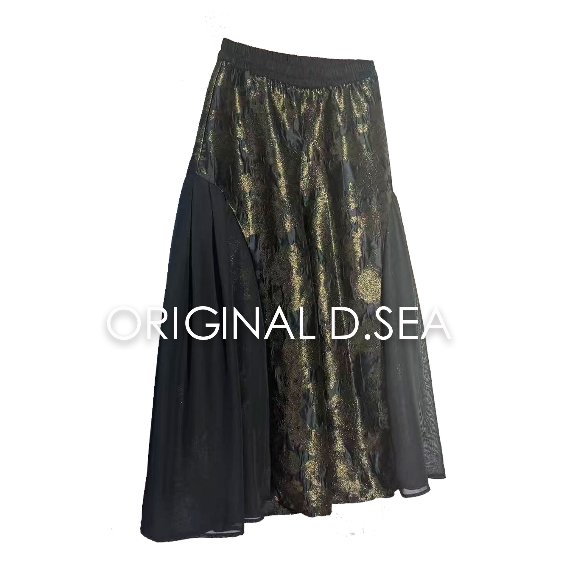 【鎏金岁月】Y23016-7金咖色拼接黑色纱质阔腿甩裤10分裤90长