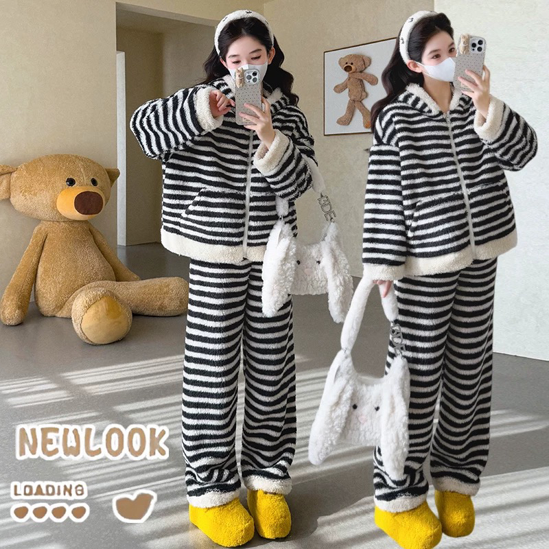 高级感撞色条纹珊瑚绒睡衣女冬季加绒加厚保暖毛绒简约家居服套装