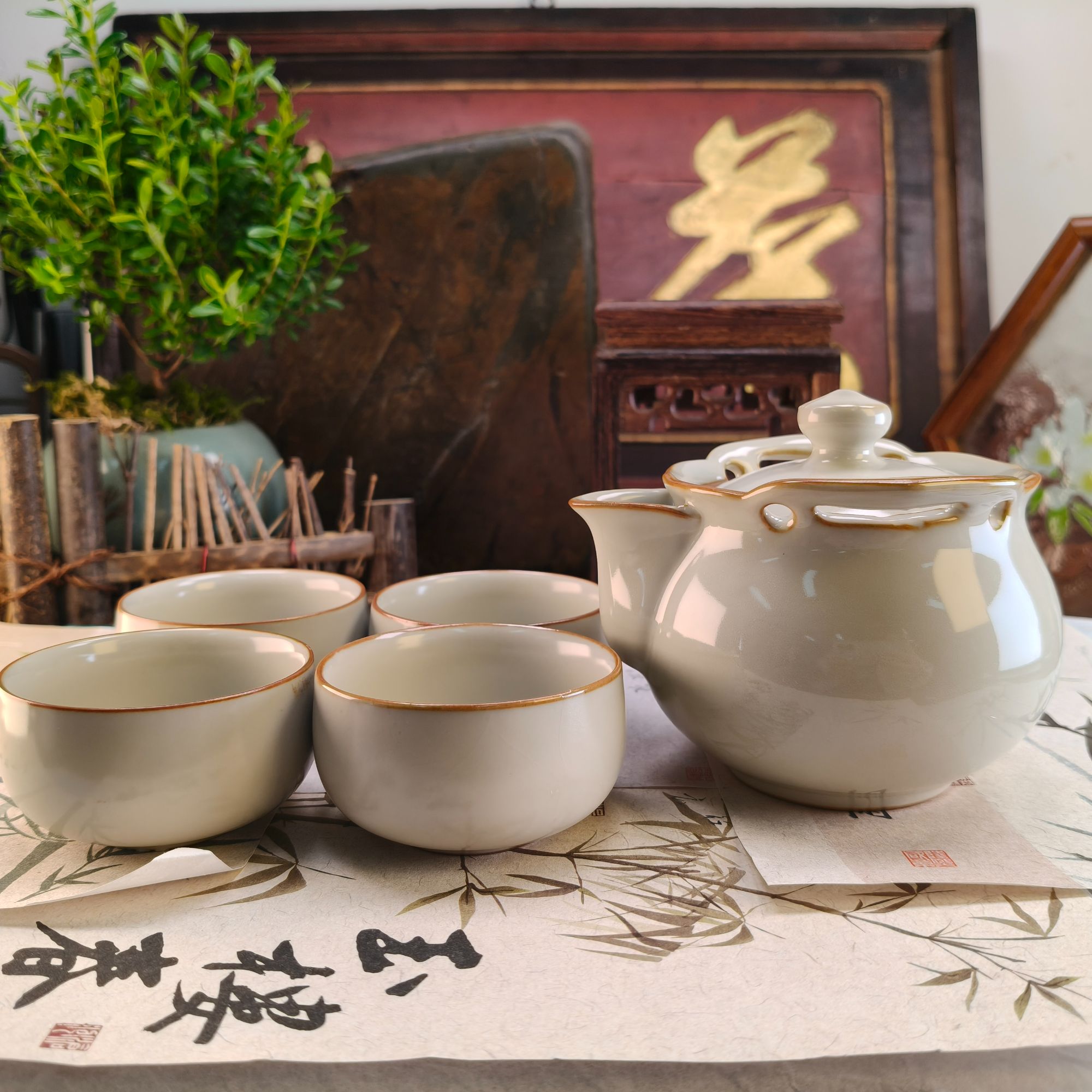 汝窑手抓壶-高款 一壶四杯-8971-0104