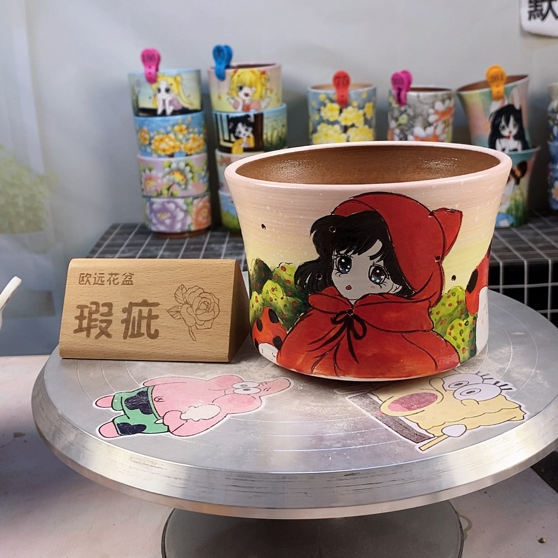 紫砂花盆红陶手绘花盆