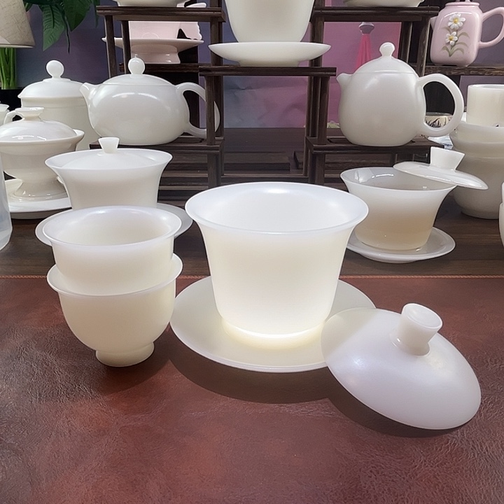 隐唐窑/璞玉素烧自生釉150ml马蹄盖碗+2客杯