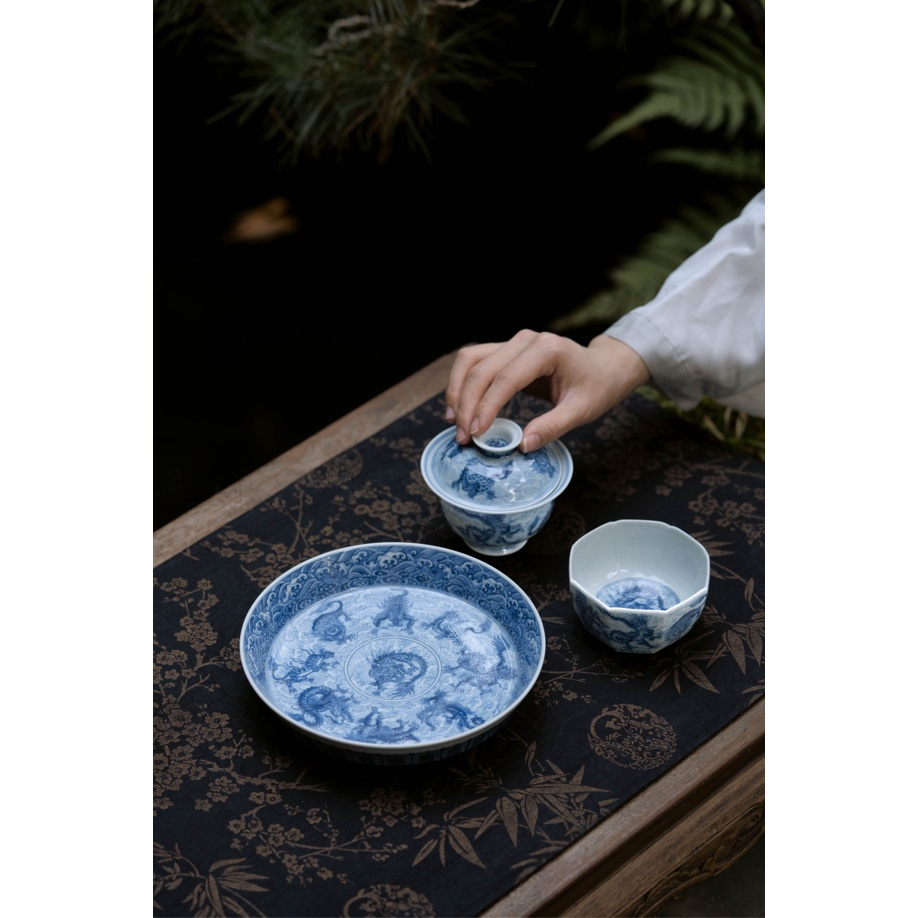 望月怀古｜龙生九子盖碗八方杯壶承超重工纯手工手绘茶具景德镇