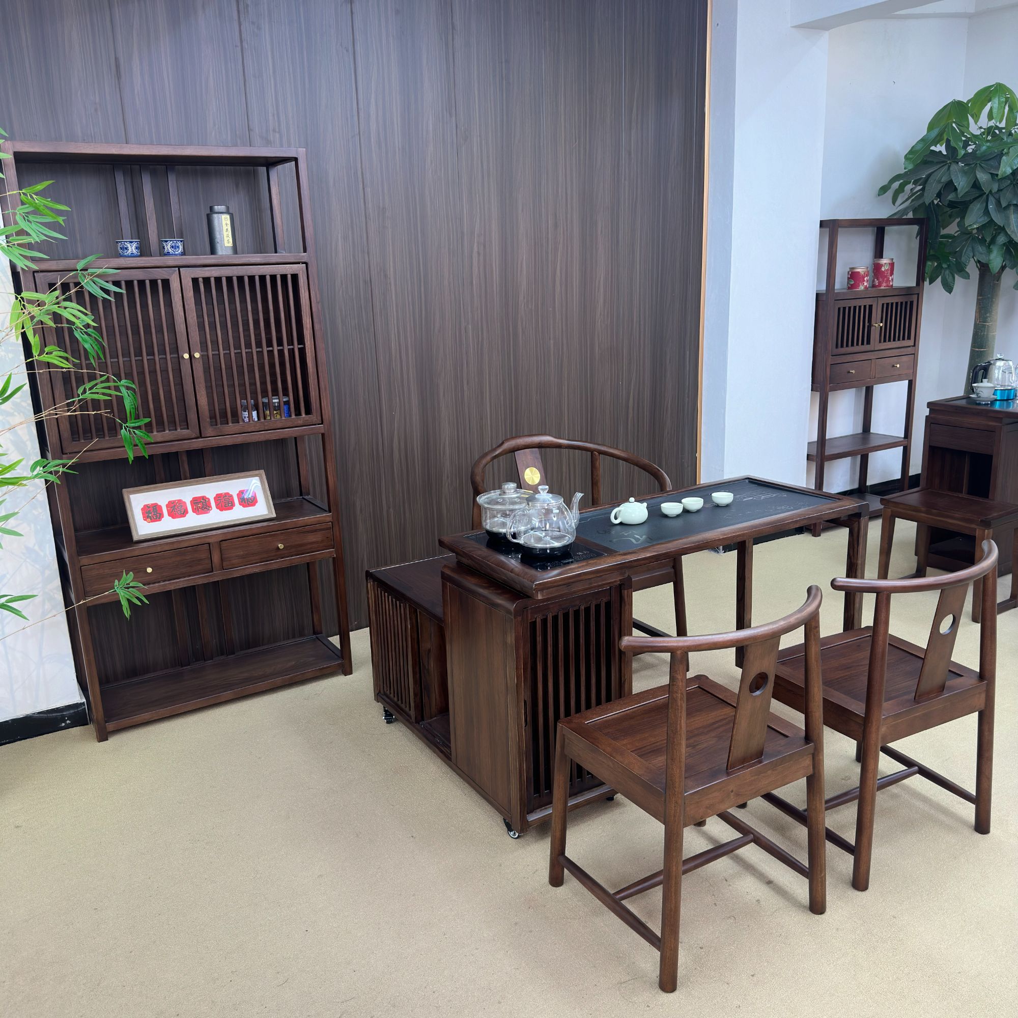 乌金木实木新中式旋转茶桌茶台多功能阳台小茶桌家用简约禅意书房