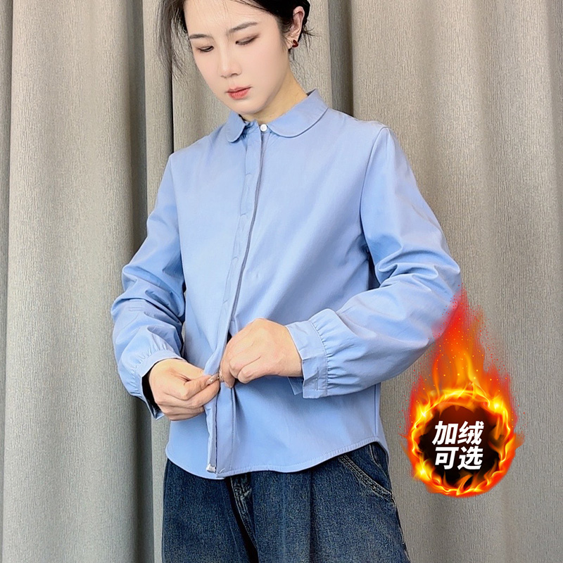 雪-CS1200R加绒显瘦长袖百搭打底复古宽松加厚秋冬女士衬衫