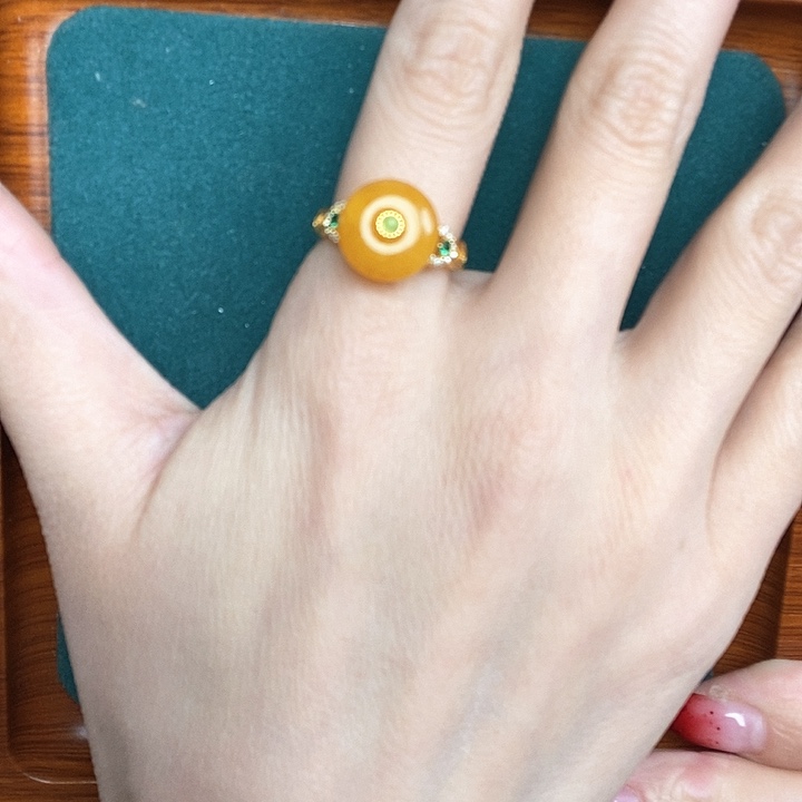 蜜蜡戒指银S925镶嵌戒指