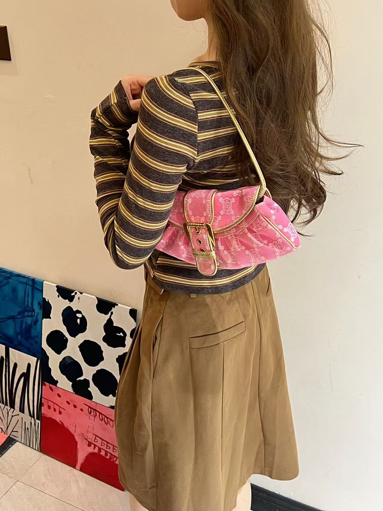 95新 Celine/思琳 粉色牛仔腋下包/单肩包