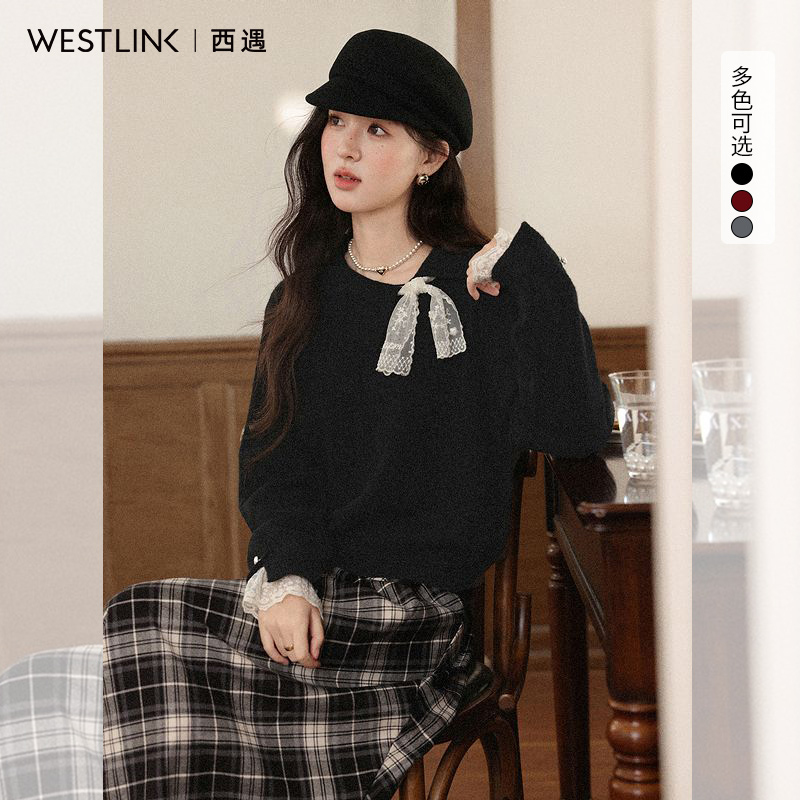 西遇蕾丝拼接长袖针织衫女2025年秋冬新款翻领短款套头外穿毛衣