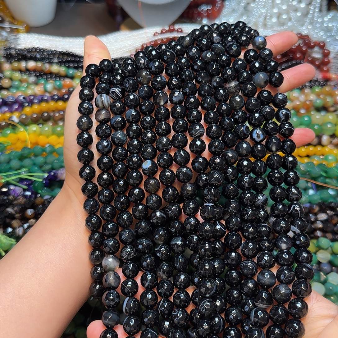 玛瑙/玉髓合金珠宝半成品10mm黑玛切面一条