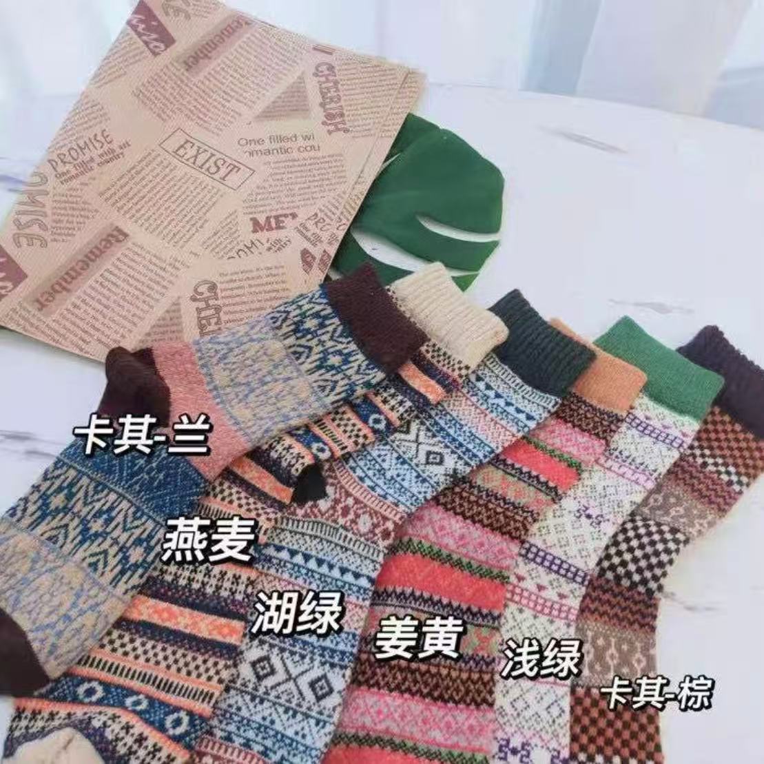 <老尚家166>休闲风民族风冬季吸汗中筒袜透气常规款印花防臭