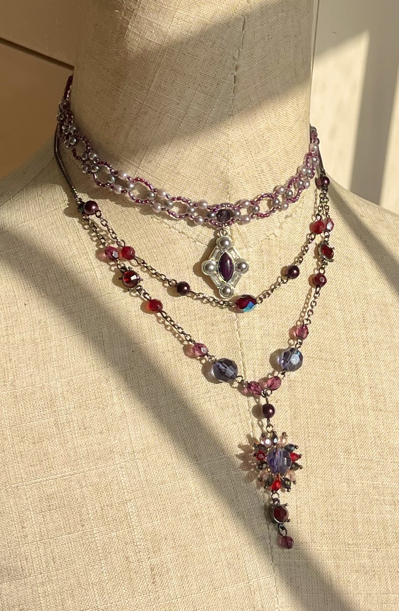 铜合金琉璃项链 中古小众项链珠宝长款手工编织紫色复古