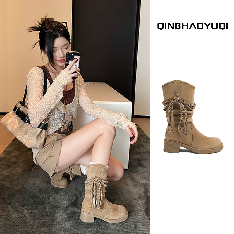 【手工编织】羊皮版厚底埃及靴子2025新款秋中筒西部骑士靴马丁靴