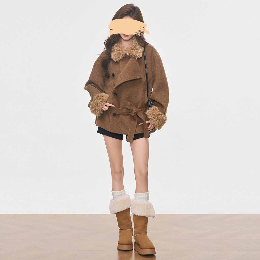 韩系高级感气质咖色毛绒拼接加厚外套女冬季新款百搭显瘦毛呢大衣