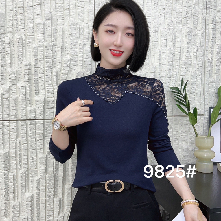 2025冬季加绒新品半高领常规女长袖蕾丝显瘦时尚网红气质百搭拼接