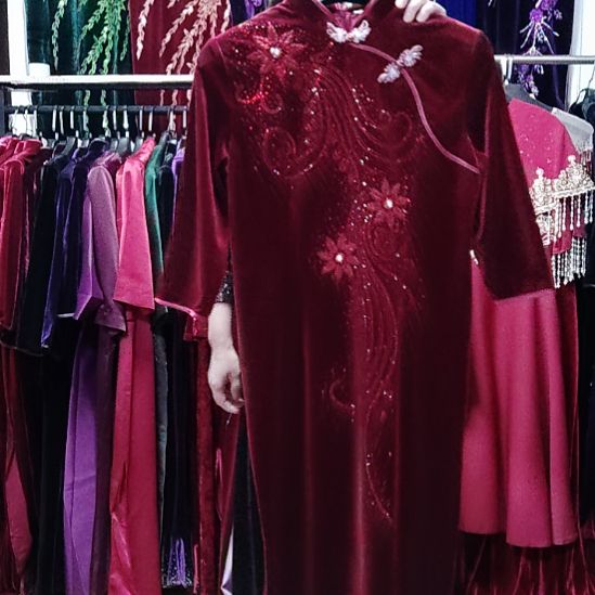 酒红色金丝绒重工中长旗袍xl125内2XL135斤以内3XL145斤以内