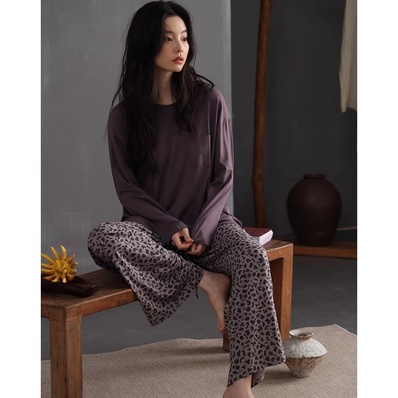 睡衣女2025年春秋款长袖长裤宽松大码豹纹家居服舒适休闲可外穿