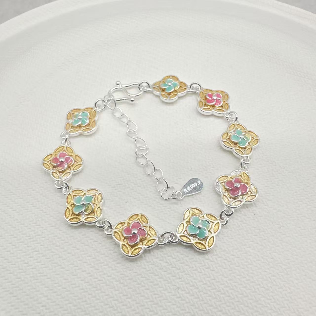 足银手镯 足银999.9手镯 A29珐琅四叶草手链