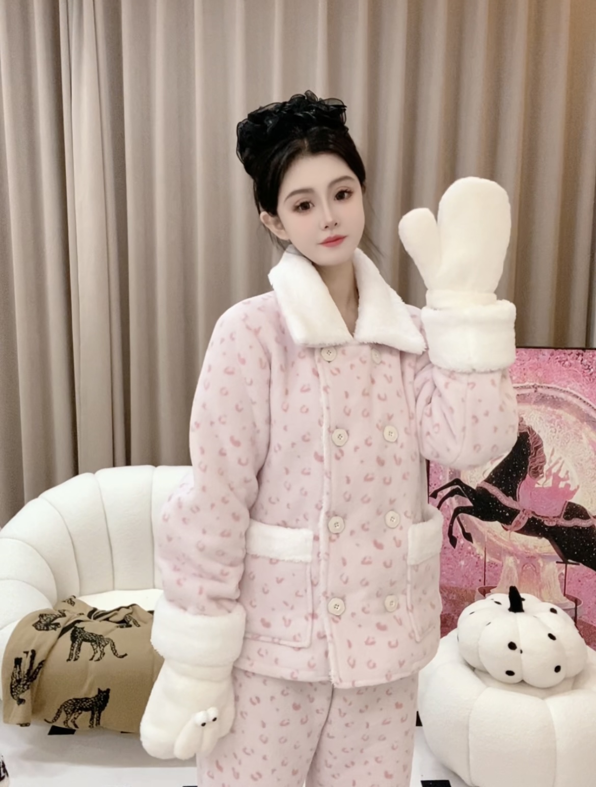 （樱花雨）冬季加厚保暖外穿睡衣女可爱减龄休闲加绒甜美家居服套装