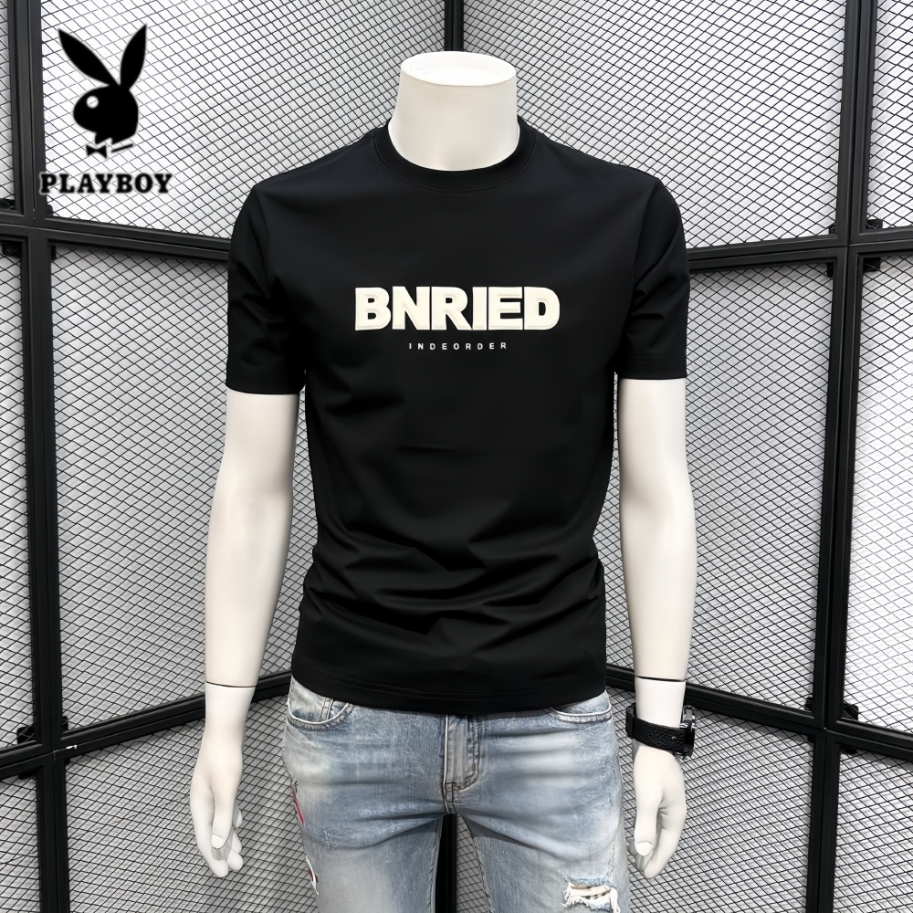 PLAYBOY/花花公子夏季新款青年休闲圆领时尚字母印花短袖男士t恤