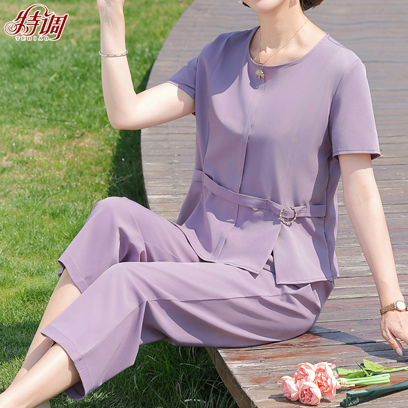 中老年妈妈时尚套装女夏季新款中年气质两件套50岁大码宽松上衣服