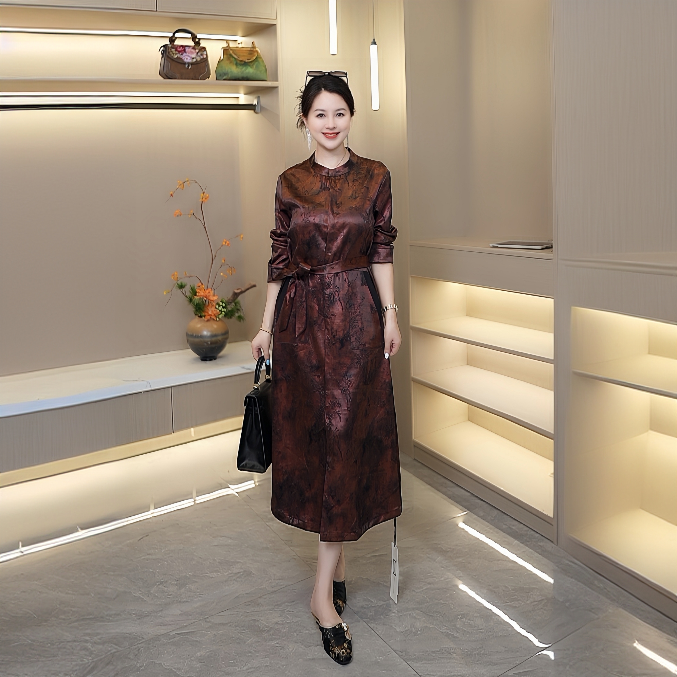 墨竹开衫风衣新中式新款百搭不褪色长袖老料重缎提花女中长款休闲